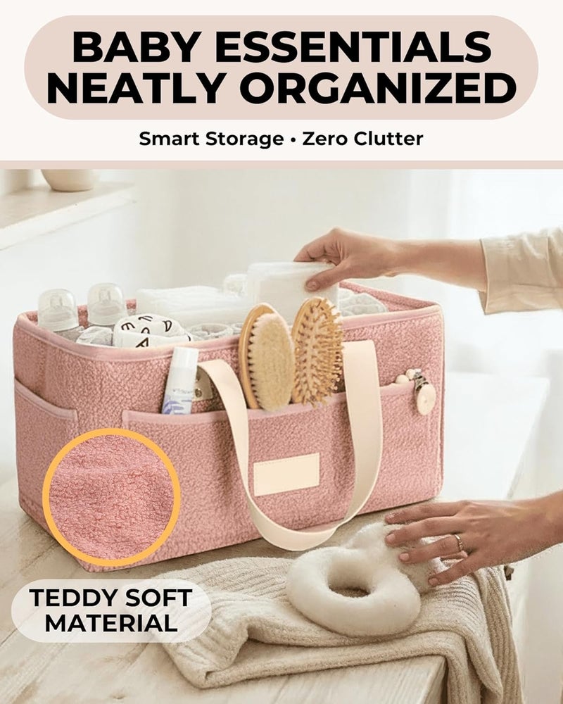 Toodly Baby Diaper Caddy Organizer with Portable Changing Mat - Teddy Fleece Diaper Organizer for Changing Table - Basket for Changing Essentials - Baby Essentials Organizer with Removable Dividers - Image 4